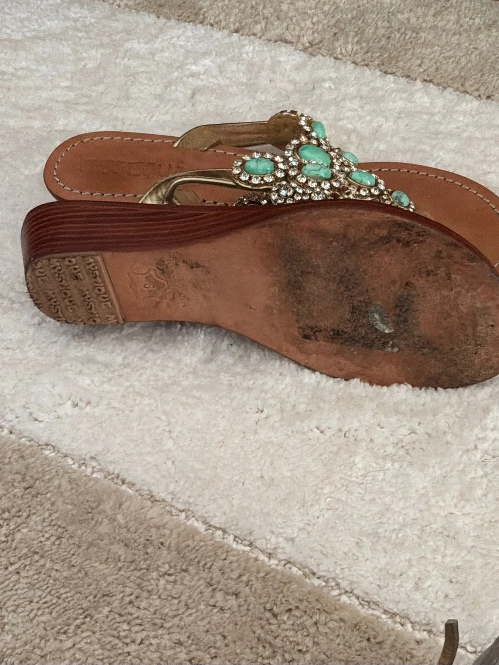 Mystique Gold-Tone Sandals with Mint Gem Accents
